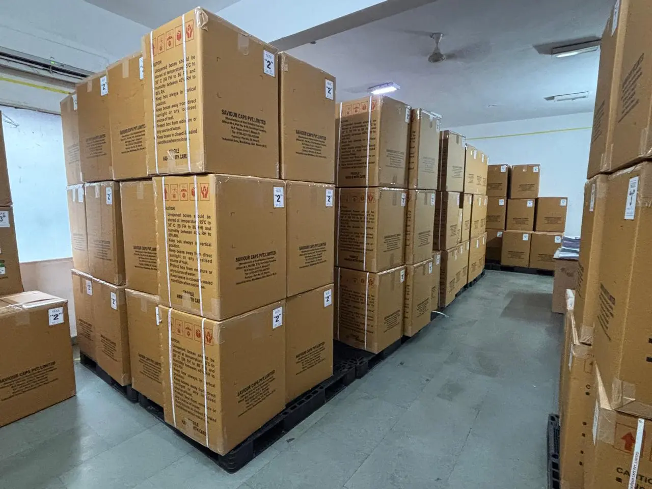Stacked cartons in a distribution warehouse
